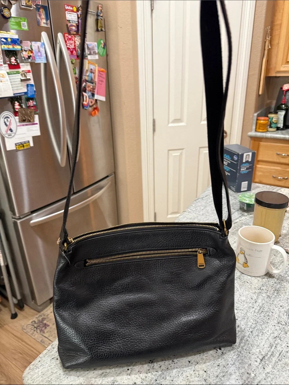 Vintage Fossil Black Leather Messenger Bag with Gold Hardware